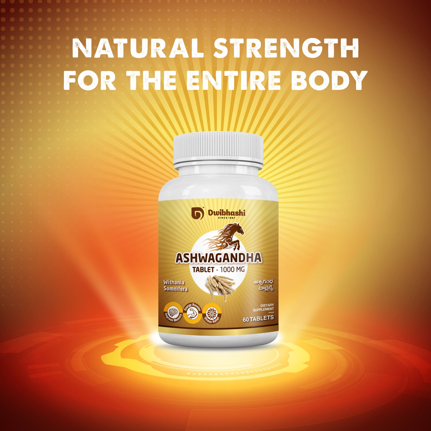 Ashwagandha | General Wellness Tablets, 60 Tabs, 1000 mg each Stress Relief | Rejuvenates Mind & Body