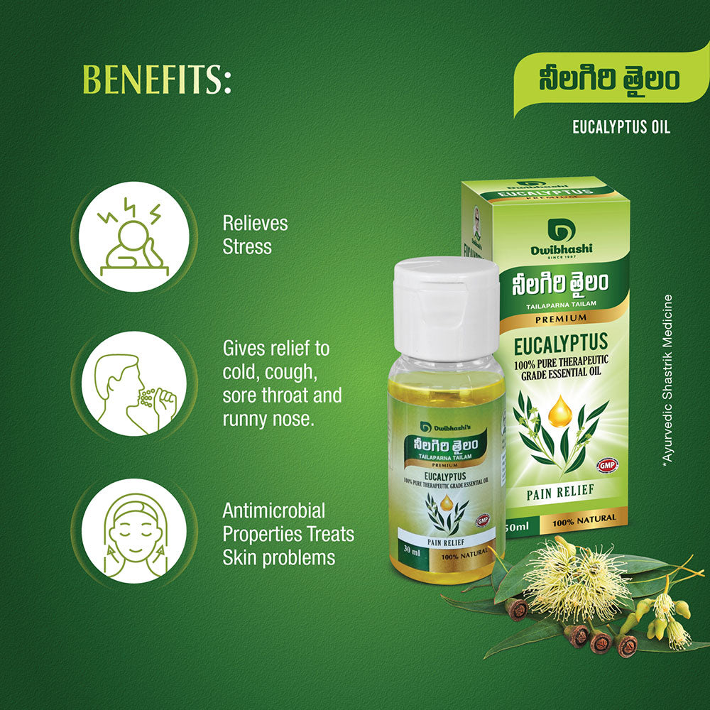 Eucalyptus Oil (Nilgiri Tailam) |100% Natural & Pure, for Steam Inhalation, Diffuser, Cold, Cough & Beauty | 30ml | 50ml