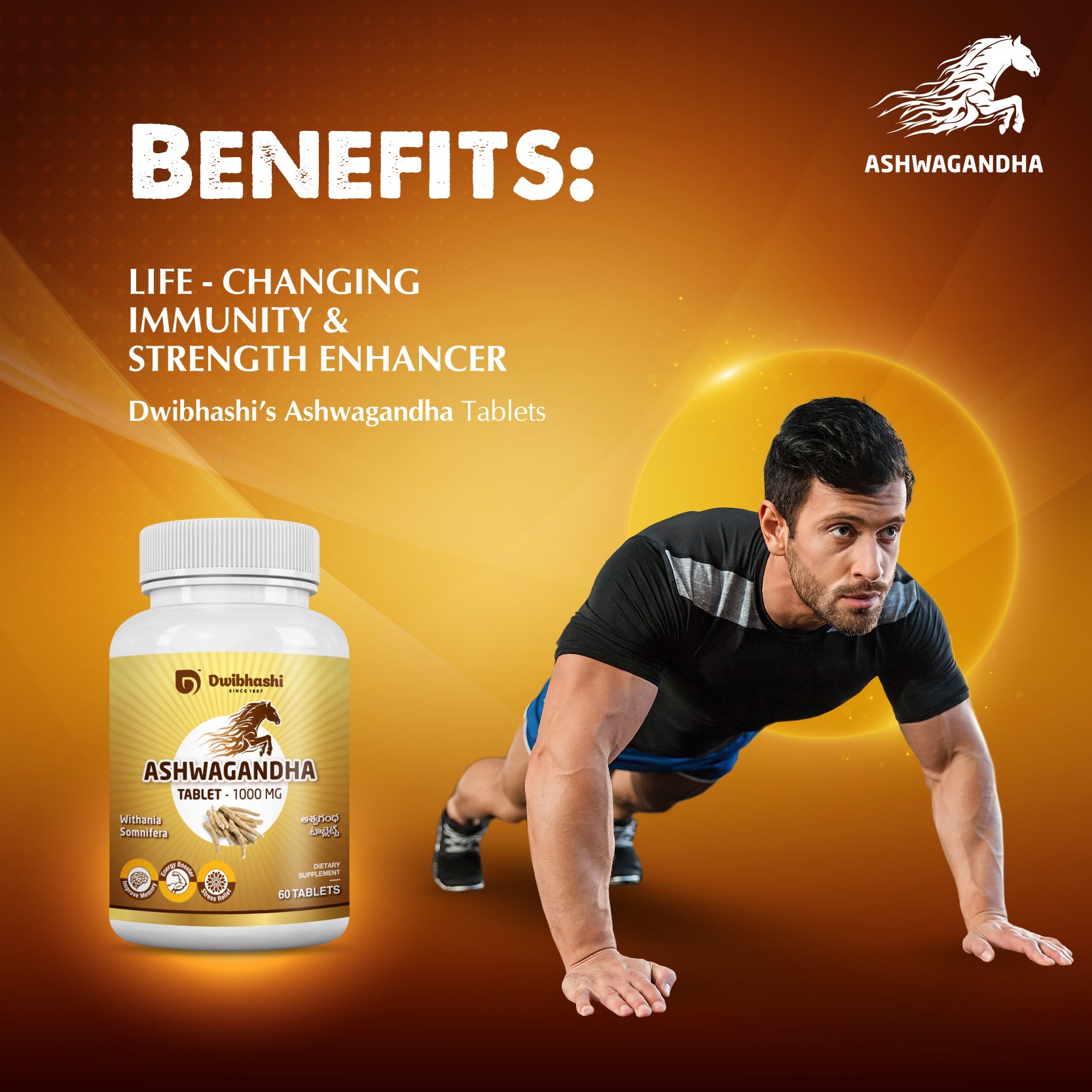 Ashwagandha | General Wellness Tablets, 60 Tabs, 1000 mg each Stress Relief | Rejuvenates Mind & Body