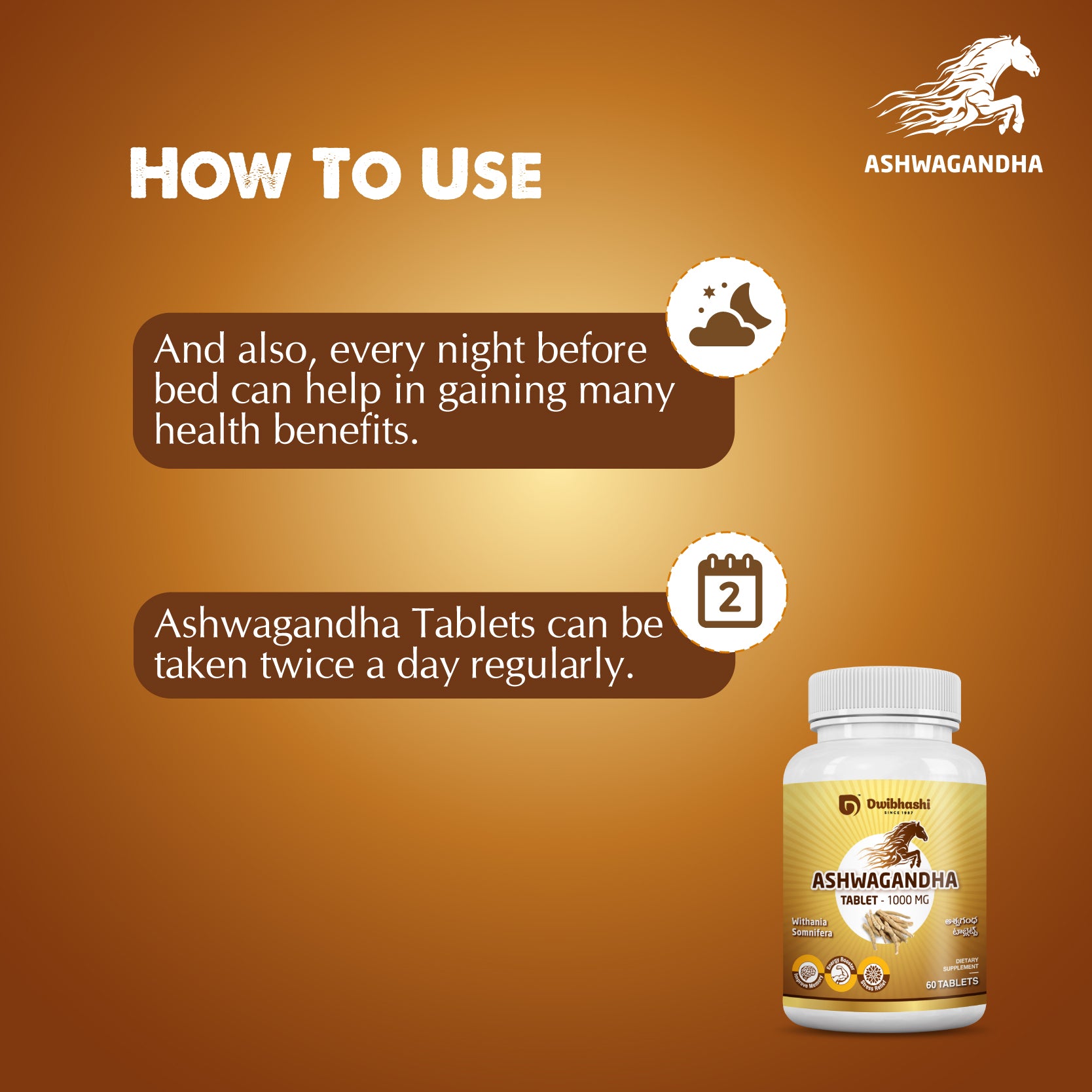 Ashwagandha | General Wellness Tablets, 60 Tabs, 1000 mg each Stress Relief | Rejuvenates Mind & Body