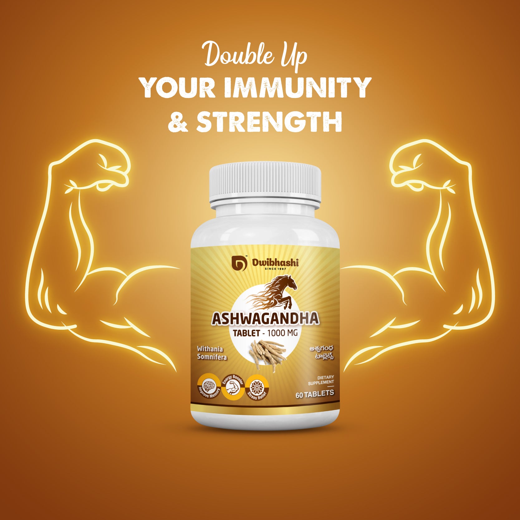 Ashwagandha | General Wellness Tablets, 60 Tabs, 1000 mg each Stress Relief | Rejuvenates Mind & Body