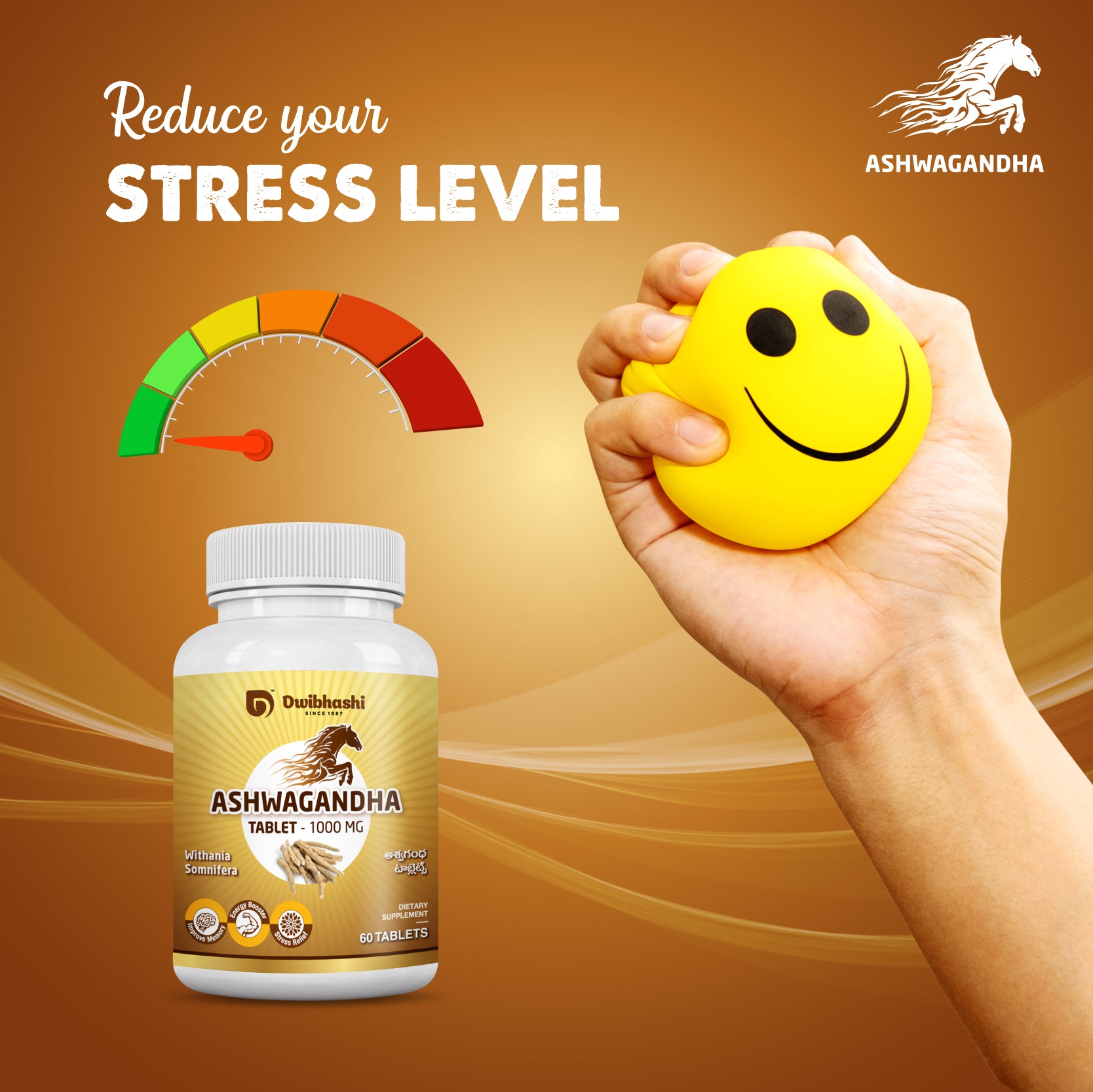 Ashwagandha | General Wellness Tablets, 60 Tabs, 1000 mg each Stress Relief | Rejuvenates Mind & Body