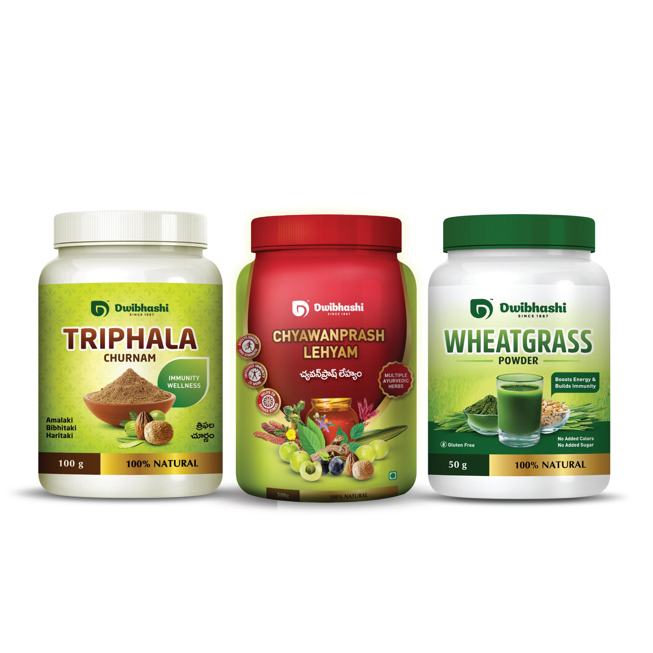Triphala Churnam + Chyawanprash Lehyam + Wheat Grass
